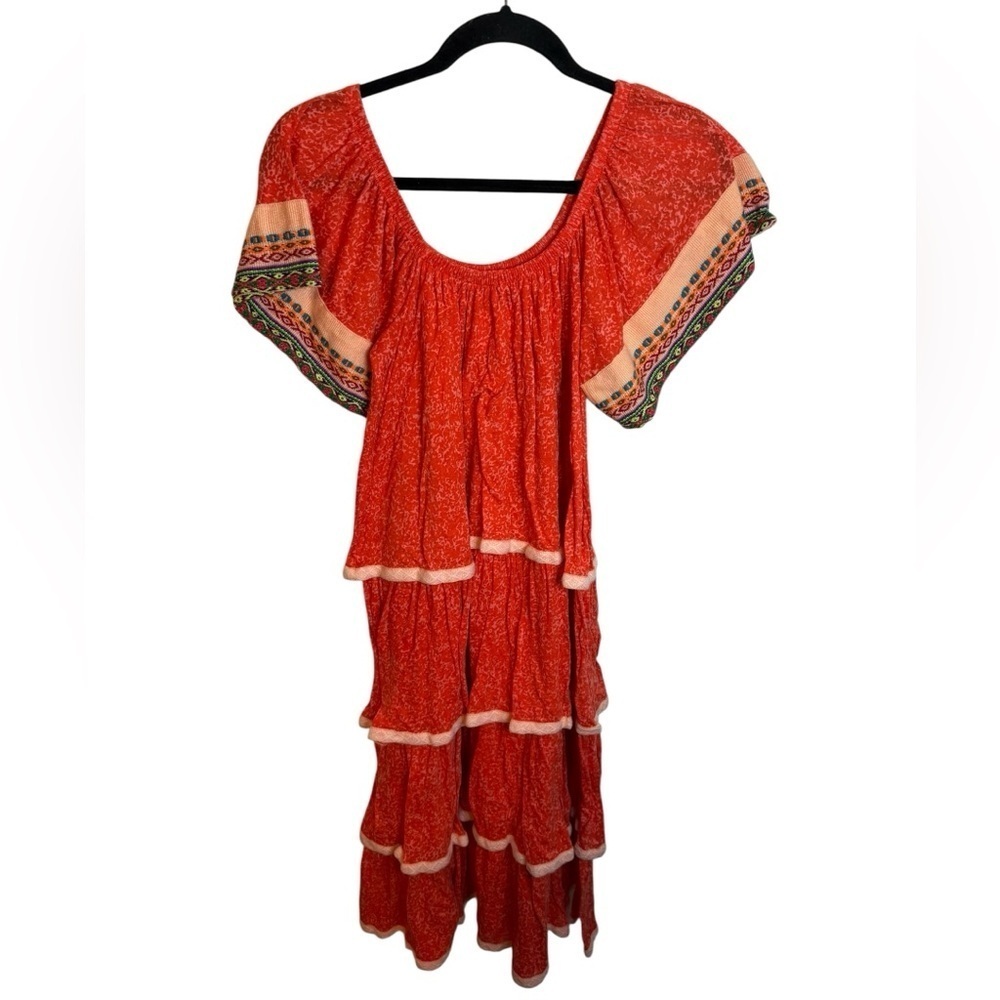 Pitusa Red Burnout Off Shoulder Embroidered Tiered Midi Dress